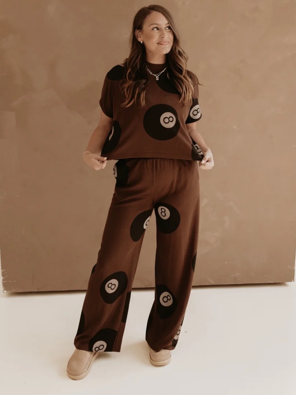 Bourbon & Belles Wide Leg Brown 8-Ball Print Lounge Pants - Women - Picture 2 of 6